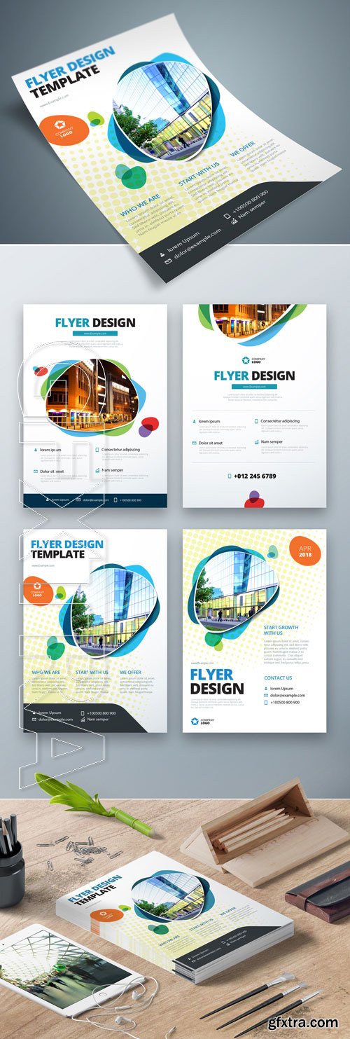 Four Flyer Layouts with Layered Abstract Spots and a Halftone Effect