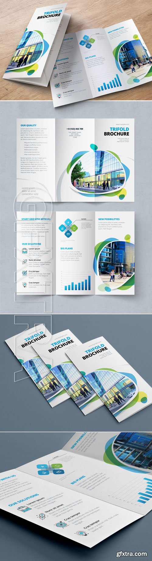 Blue and Green Trifold Brochure Layout with Abstract Spots 212820467