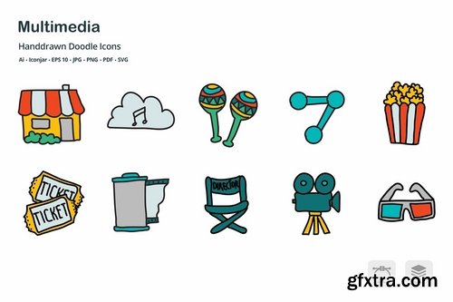 Multimedia Hand Drawn Doodle Icons