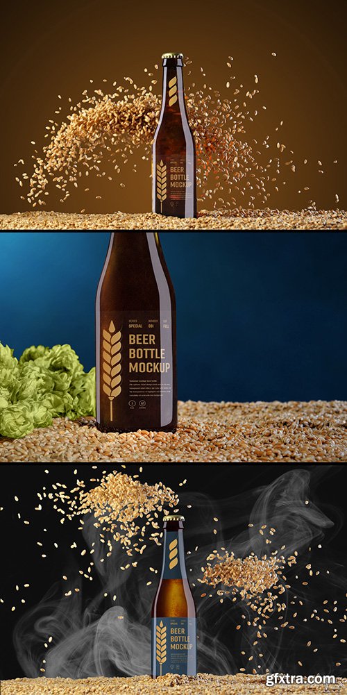 3 Beer Bottle Mockups with Hops, Grain, and Smoke Elements