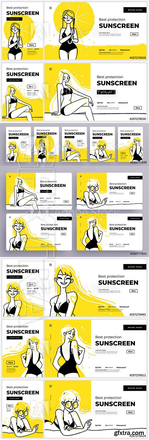 Banner or landing page templates for sunscreen protection sun care cosmetics, happy smiling girls sunbathe