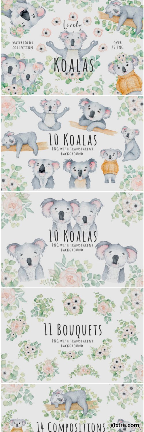 Lovely Koalas and Eucalyptus Watercolor 1400592