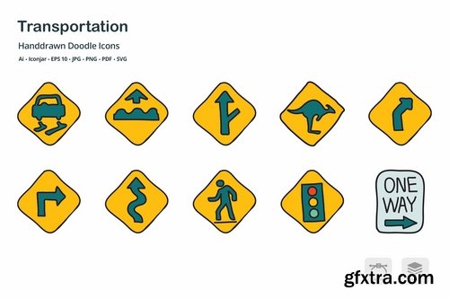 Transportation Hand Drawn Doodle Icons