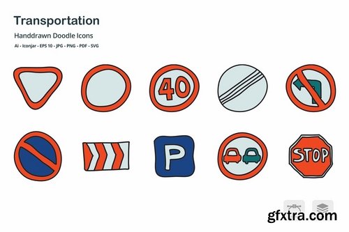 Transportation Hand Drawn Doodle Icons