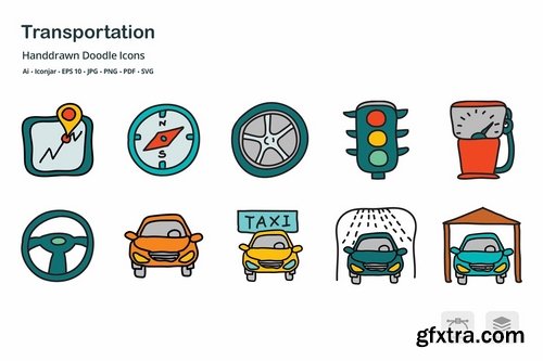 Transportation Hand Drawn Doodle Icons