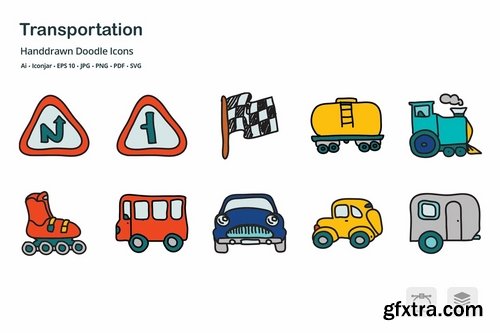 Transportation Hand Drawn Doodle Icons