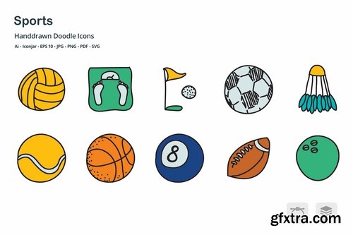 Sports and Games Hand Drawn Doodle Icons