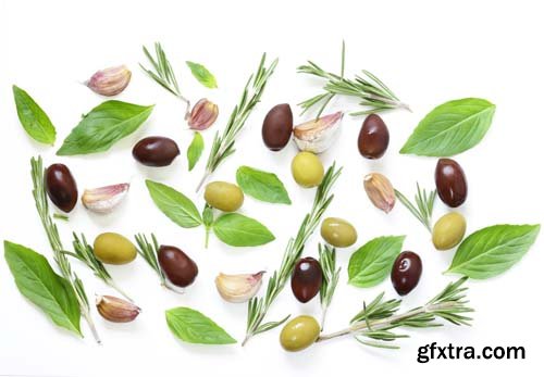 Black And Green Olives With Herbs And Spices Isolated - 7xJPGs