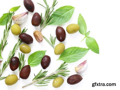 Black And Green Olives With Herbs And Spices Isolated - 7xJPGs