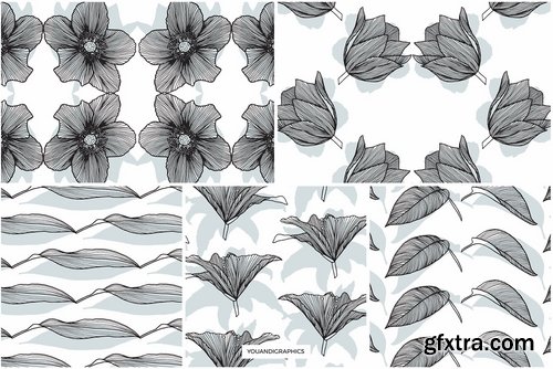 Lineart Floral Patterns & Elements