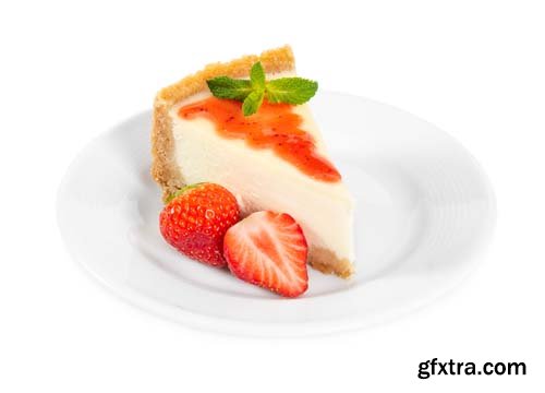 Piece Of Cheesecake With Fresh Strawberries Isolated - 7xJPGs