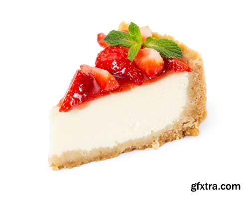 Piece Of Cheesecake With Fresh Strawberries Isolated - 7xJPGs