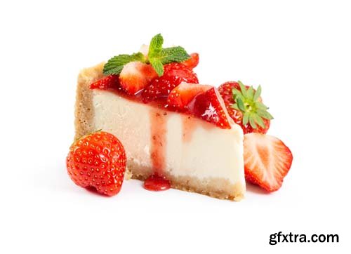 Piece Of Cheesecake With Fresh Strawberries Isolated - 7xJPGs