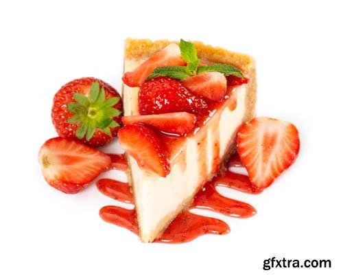 Piece Of Cheesecake With Fresh Strawberries Isolated - 7xJPGs