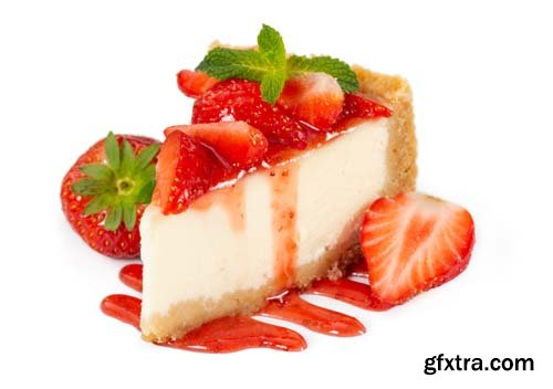 Piece Of Cheesecake With Fresh Strawberries Isolated - 7xJPGs