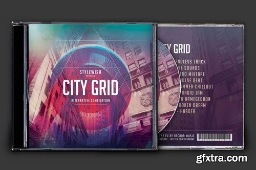 Dark Techno Glowing Sound City Grid and Night City CD Cover Artworks