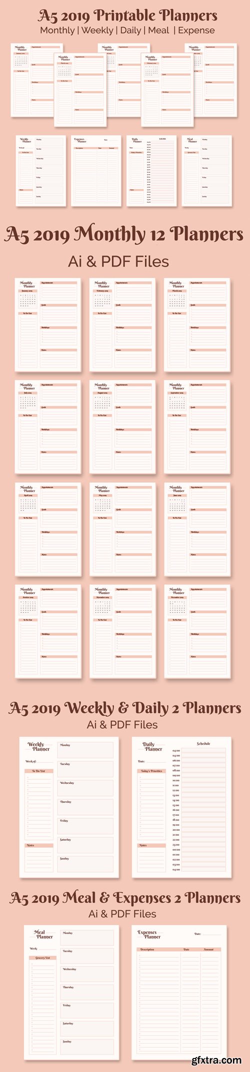 A5 2019 Printable Planners Collection [Ai/PDF]