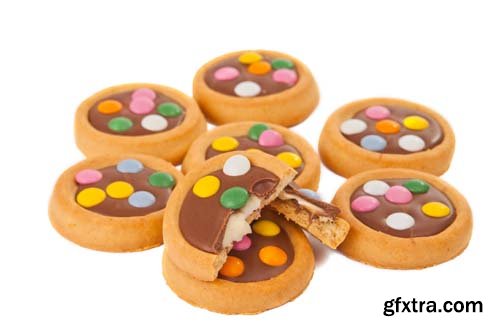 Biscuits With Milk Chocolate And Coloured Chocolate Beans Isolated - 8xJPGs