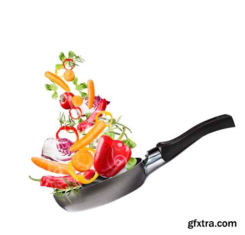 Frying Pan With Flying Vegetables Isolated - 9xJPGs