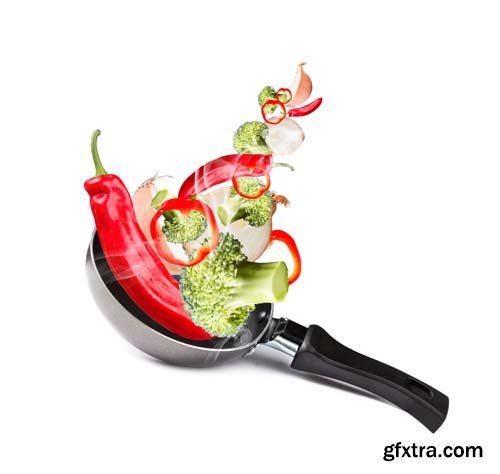 Frying Pan With Flying Vegetables Isolated - 9xJPGs