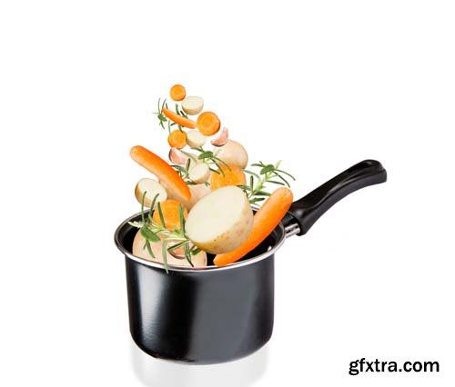 Frying Pan With Flying Vegetables Isolated - 9xJPGs