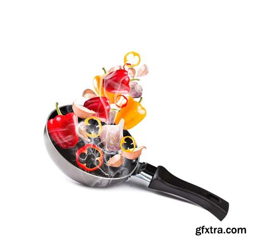 Frying Pan With Flying Vegetables Isolated - 9xJPGs