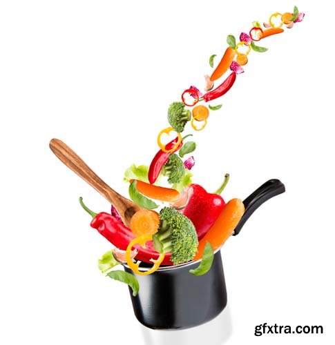 Frying Pan With Flying Vegetables Isolated - 9xJPGs