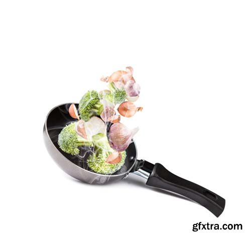 Frying Pan With Flying Vegetables Isolated - 9xJPGs