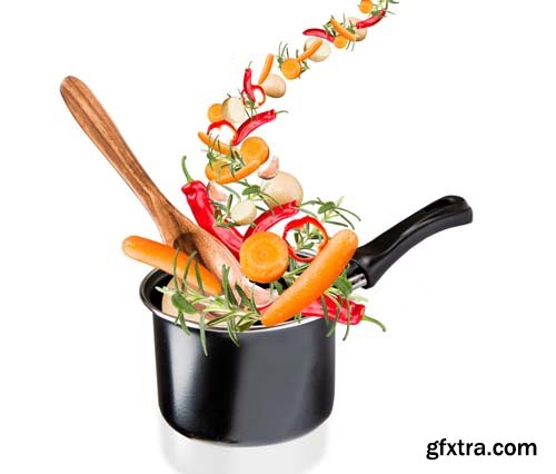 Frying Pan With Flying Vegetables Isolated - 9xJPGs