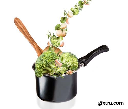 Frying Pan With Flying Vegetables Isolated - 9xJPGs