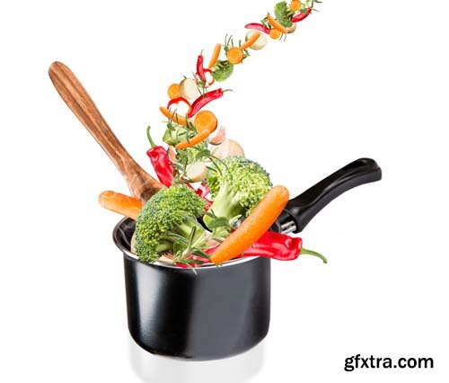 Frying Pan With Flying Vegetables Isolated - 9xJPGs