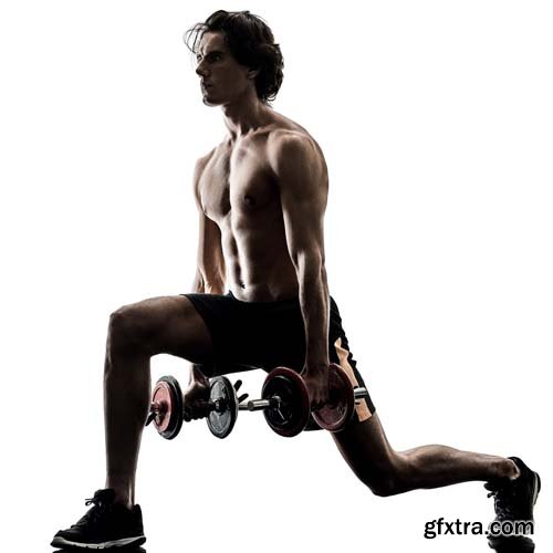 One Caucasian Man Fitness Weitghs Training Exercises Studio In Silhouette Isolated - 15xJPGs