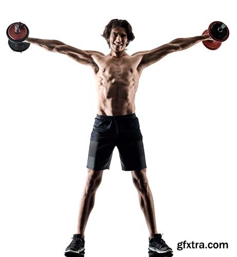 One Caucasian Man Fitness Weitghs Training Exercises Studio In Silhouette Isolated - 15xJPGs