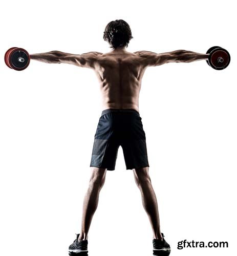 One Caucasian Man Fitness Weitghs Training Exercises Studio In Silhouette Isolated - 15xJPGs