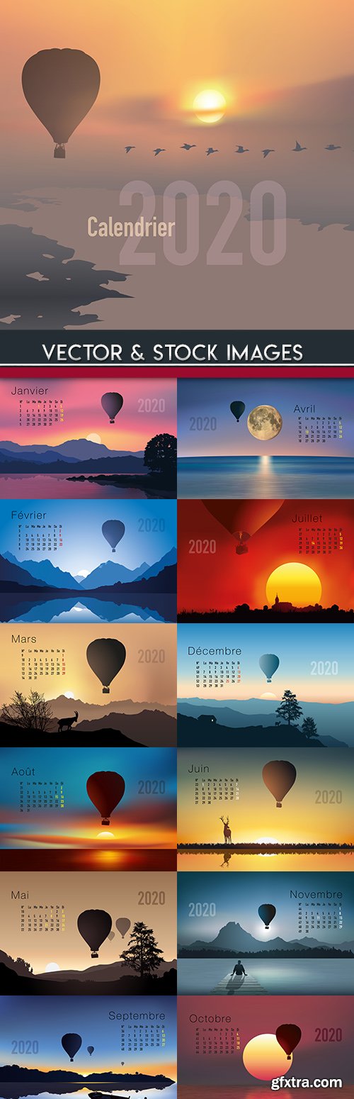 Calendar 2020 design French landscape and balloon