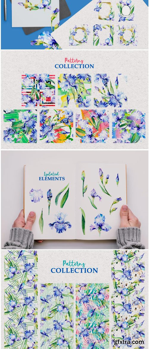 Blue Watercolor Irises PNG Set 1446855