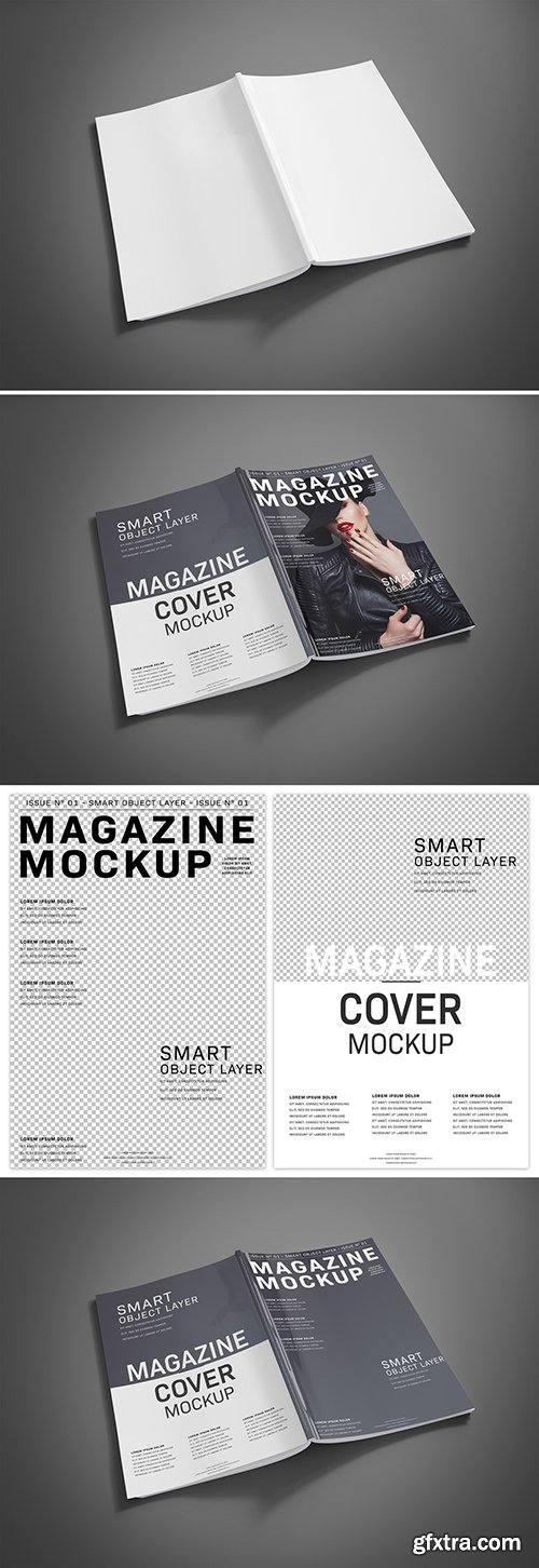 Open Magazine Cover on Gray Background Mockup 264497626