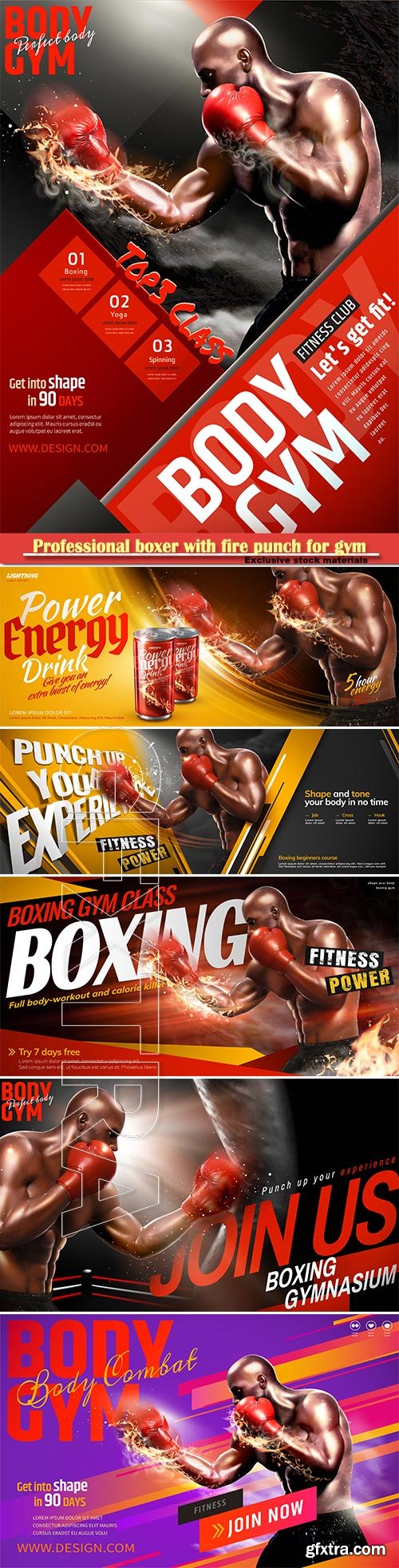 Professional boxer with fire punch for gym class poster in 3d illustration