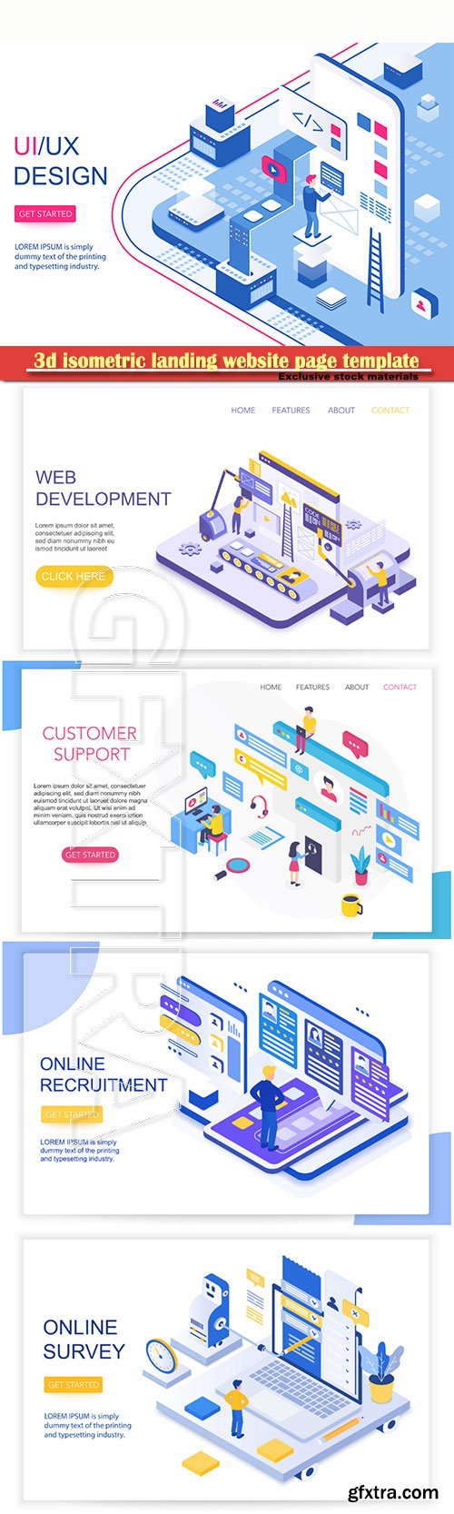 3d isometric landing website page template vector illustration