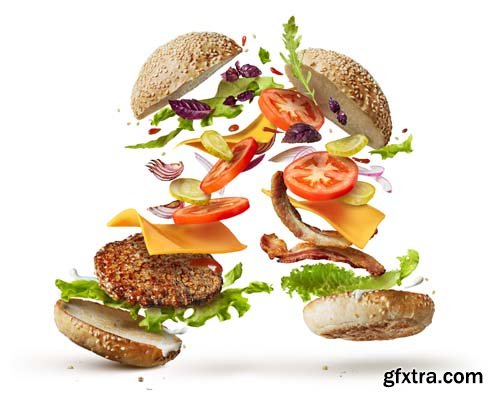 Burger With Flying Ingredients Isolated - 5xJPGs