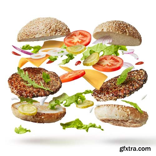 Burger With Flying Ingredients Isolated - 5xJPGs