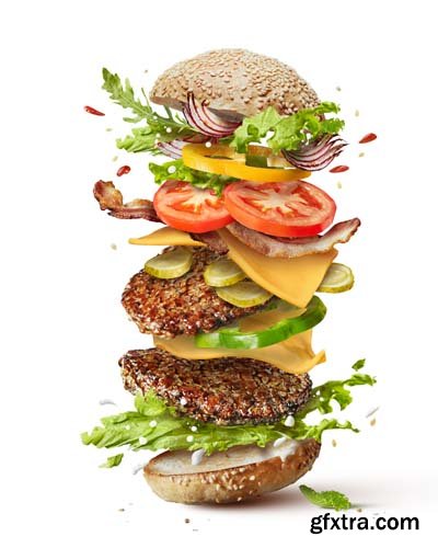 Burger With Flying Ingredients Isolated - 5xJPGs