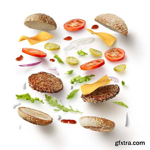 Burger With Flying Ingredients Isolated - 5xJPGs