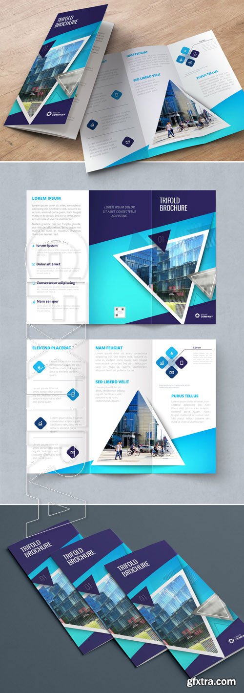 Dark Blue Trifold Brochure Layout with Triangles_267840417