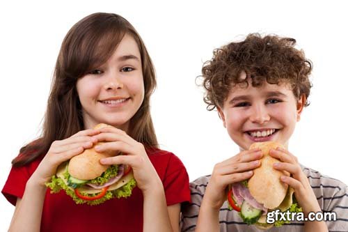 Kids Eating Big Sandwiches Isolated - 8xJPGs