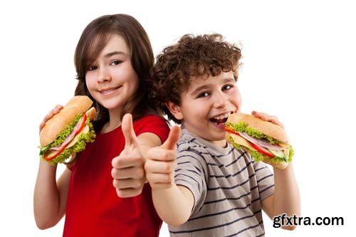 Kids Eating Big Sandwiches Isolated - 8xJPGs