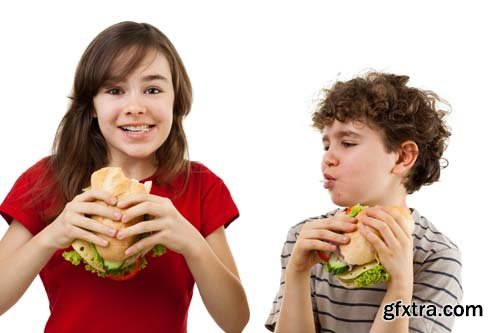 Kids Eating Big Sandwiches Isolated - 8xJPGs