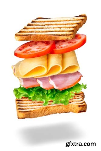 Sandwich With Flying Ingredients Isolated - 7xJPGs