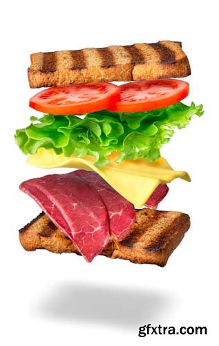 Sandwich With Flying Ingredients Isolated - 7xJPGs