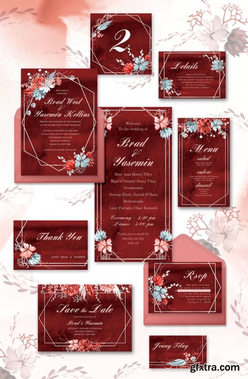 CreativeMarket - Marsala Watercolor Wedding Suite 3718637